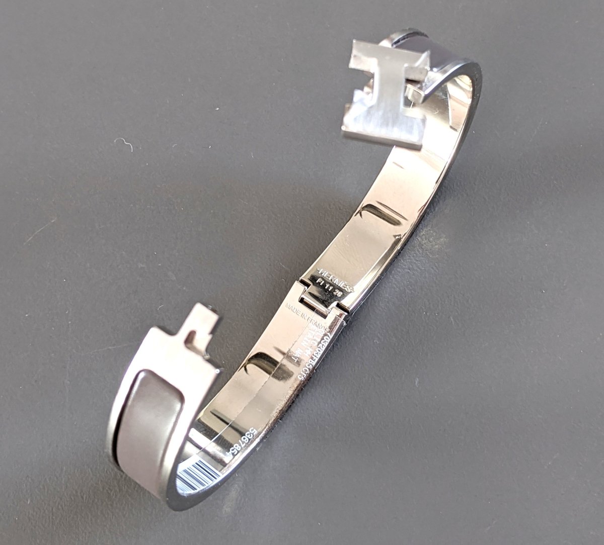Hermes [84] Etain Mat Enamel & Palladium CLIC CLAC H Narrow Bangle Bracelet Sz L, BNIB! - poupishop