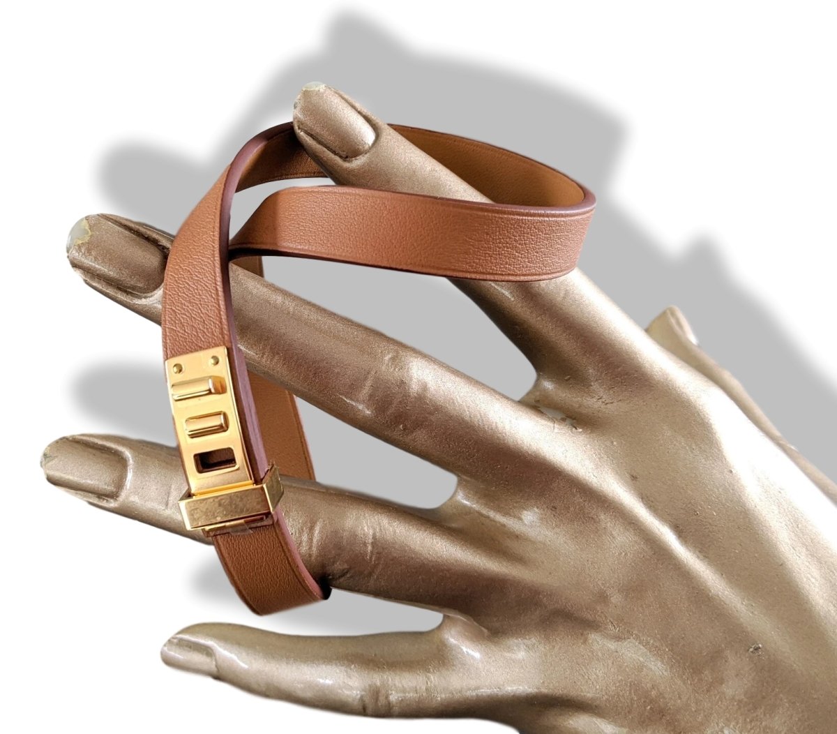 Hermes [85] Unisex Gold Swift Calfskin MINI DOG DOUBLE TOUR Bracelet Sz T4, BNIB! - poupishop