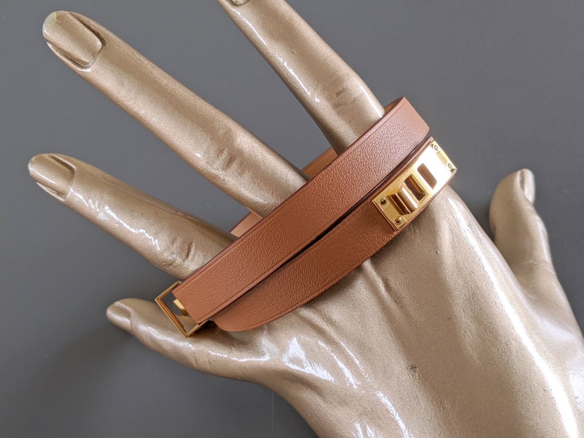Hermes [85] Unisex Gold Swift Calfskin MINI DOG DOUBLE TOUR Bracelet Sz T4, BNIB! - poupishop