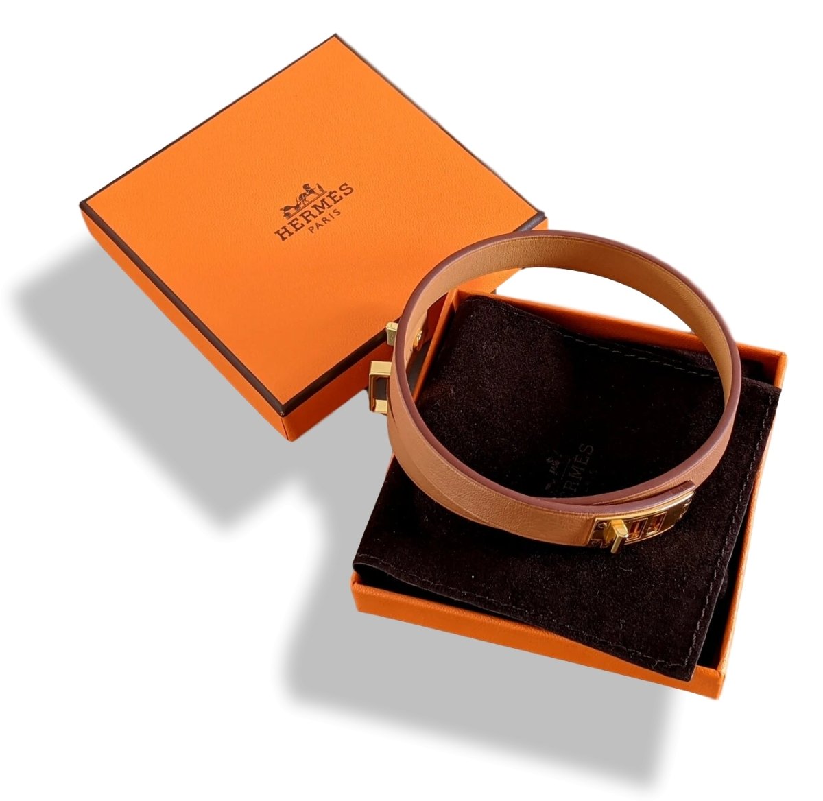 Hermes [85] Unisex Gold Swift Calfskin MINI DOG DOUBLE TOUR Bracelet Sz T4, BNIB! - poupishop