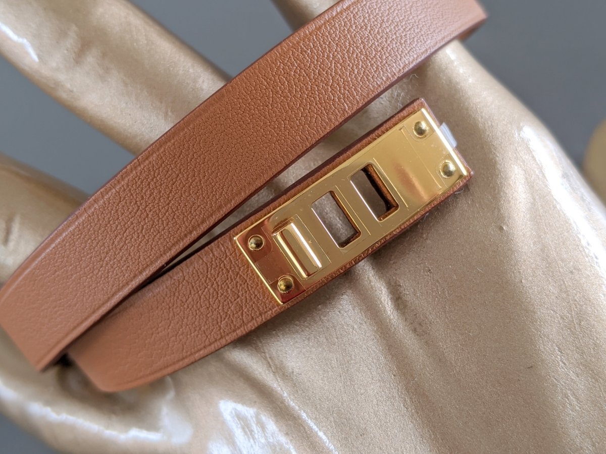 Hermes [85] Unisex Gold Swift Calfskin MINI DOG DOUBLE TOUR Bracelet Sz T4, BNIB! - poupishop