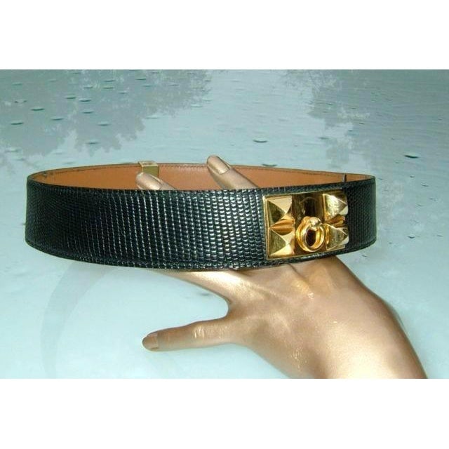 Hermes 86 Black Lizard  Collier de Chien Belt 65