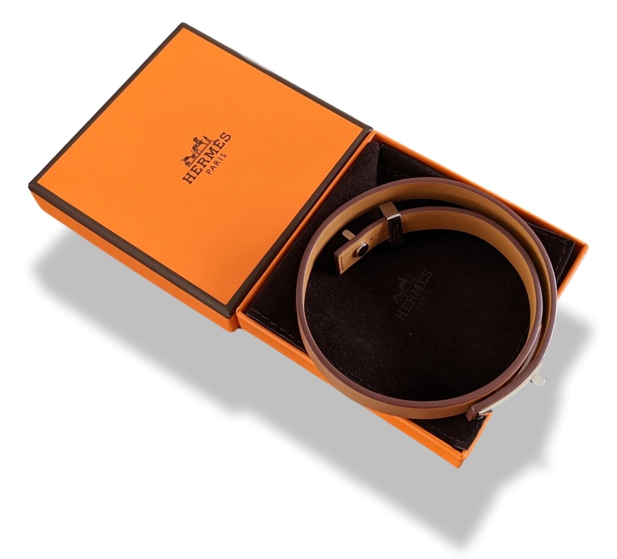 Hermes [86] Unisex Gold Swift Calfskin/Ag MINI DOG DOUBLE TOUR Bracelet Sz T4, BNIB! - poupishop