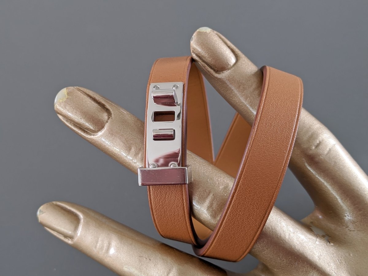 Hermes [86] Unisex Gold Swift Calfskin/Ag MINI DOG DOUBLE TOUR Bracelet Sz T4, BNIB! - poupishop