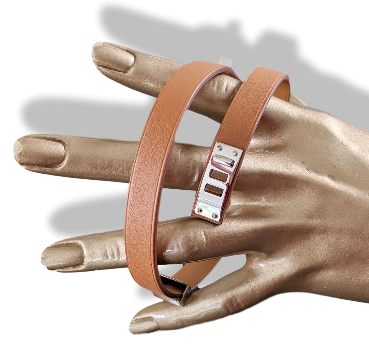 Hermes [86] Unisex Gold Swift Calfskin/Ag MINI DOG DOUBLE TOUR Bracelet Sz T4, BNIB! - poupishop