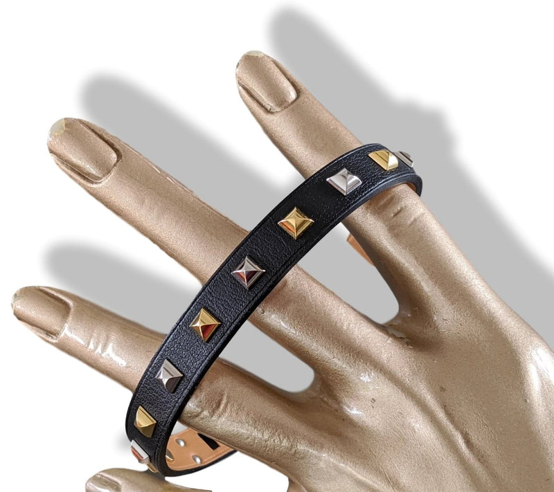 Hermes [88] Unisex Black Swift Calfskin/Or&Ag MINI DOG CLOUS CARRES Bracelet, BNIB! - poupishop