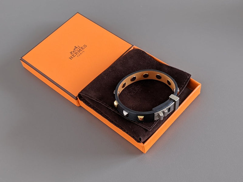 Hermes [88] Unisex Black Swift Calfskin/Or&Ag MINI DOG CLOUS CARRES Bracelet, BNIB! - poupishop