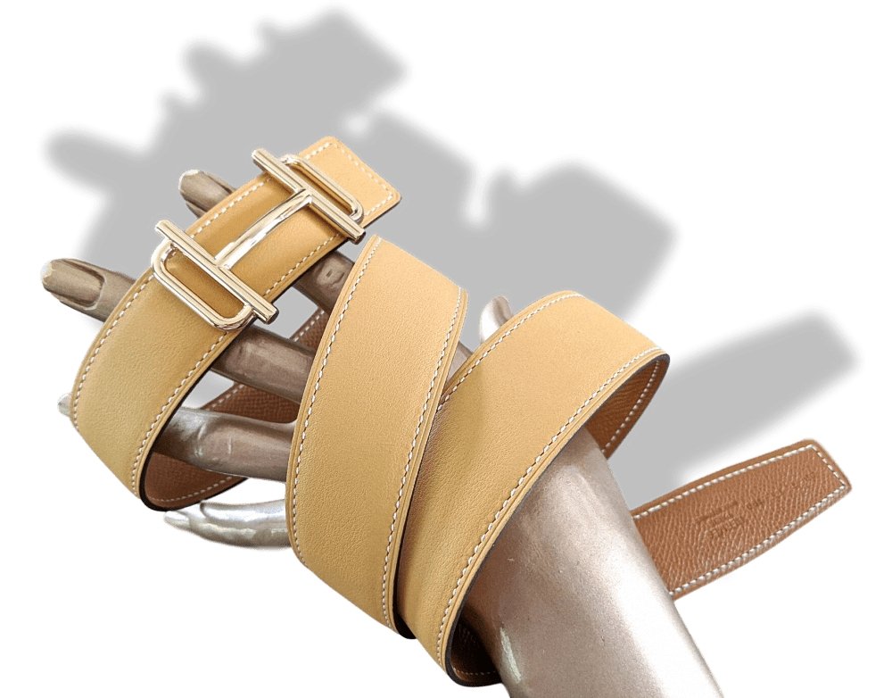 Hermes [9] 1960s Safran Swift/Gold Epsom Reversible Leather Strap Belt 32 MM Sz80, NIB! - poupishop