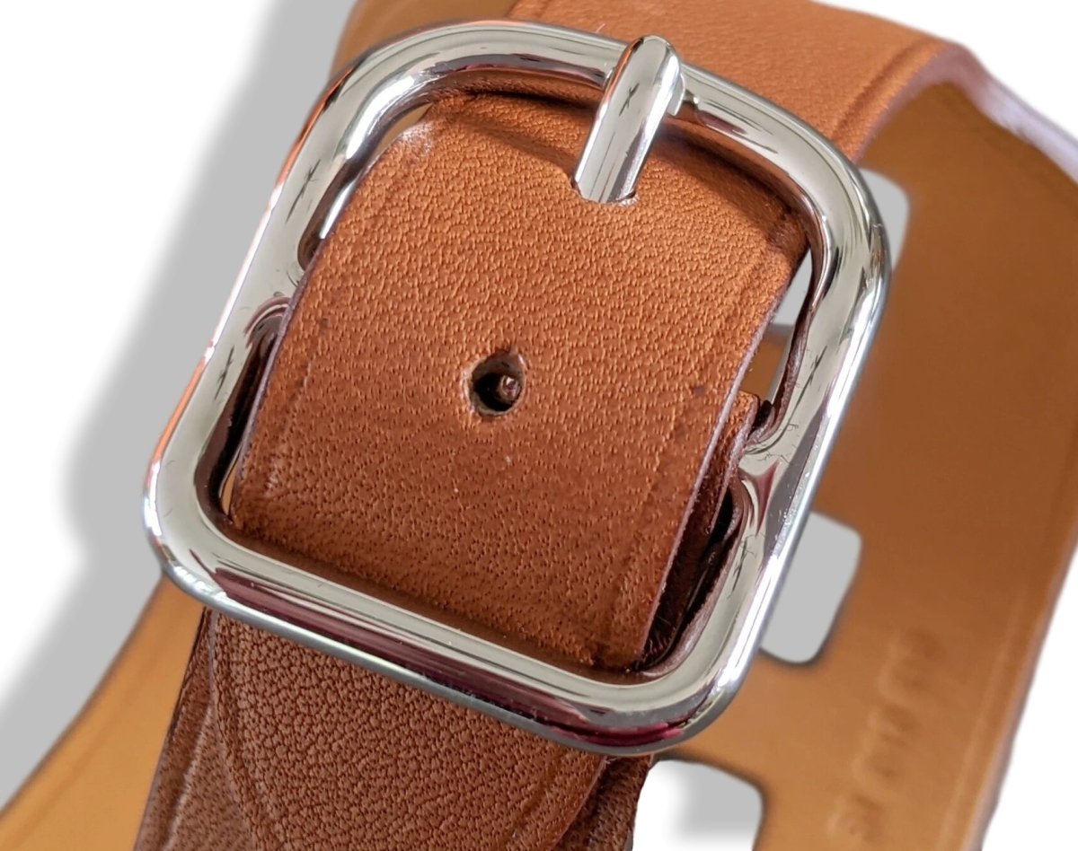 Hermes [91] Unisex Gold Swift Calfskin/Ag MANCHETTE PERFOREE Bracelet Sz T3, BNIB! - poupishop
