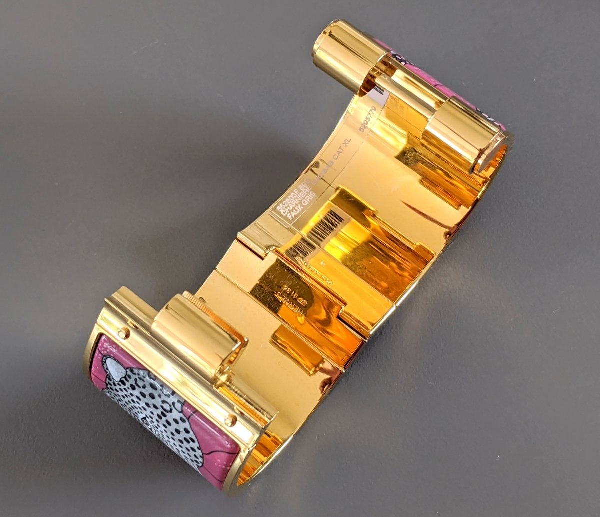 Hermes [92] Faux Grey Enamel/Gold BAOBAB CAT CHARNIERE XL Bangle Bracelet Sz M, BNIB! - poupishop