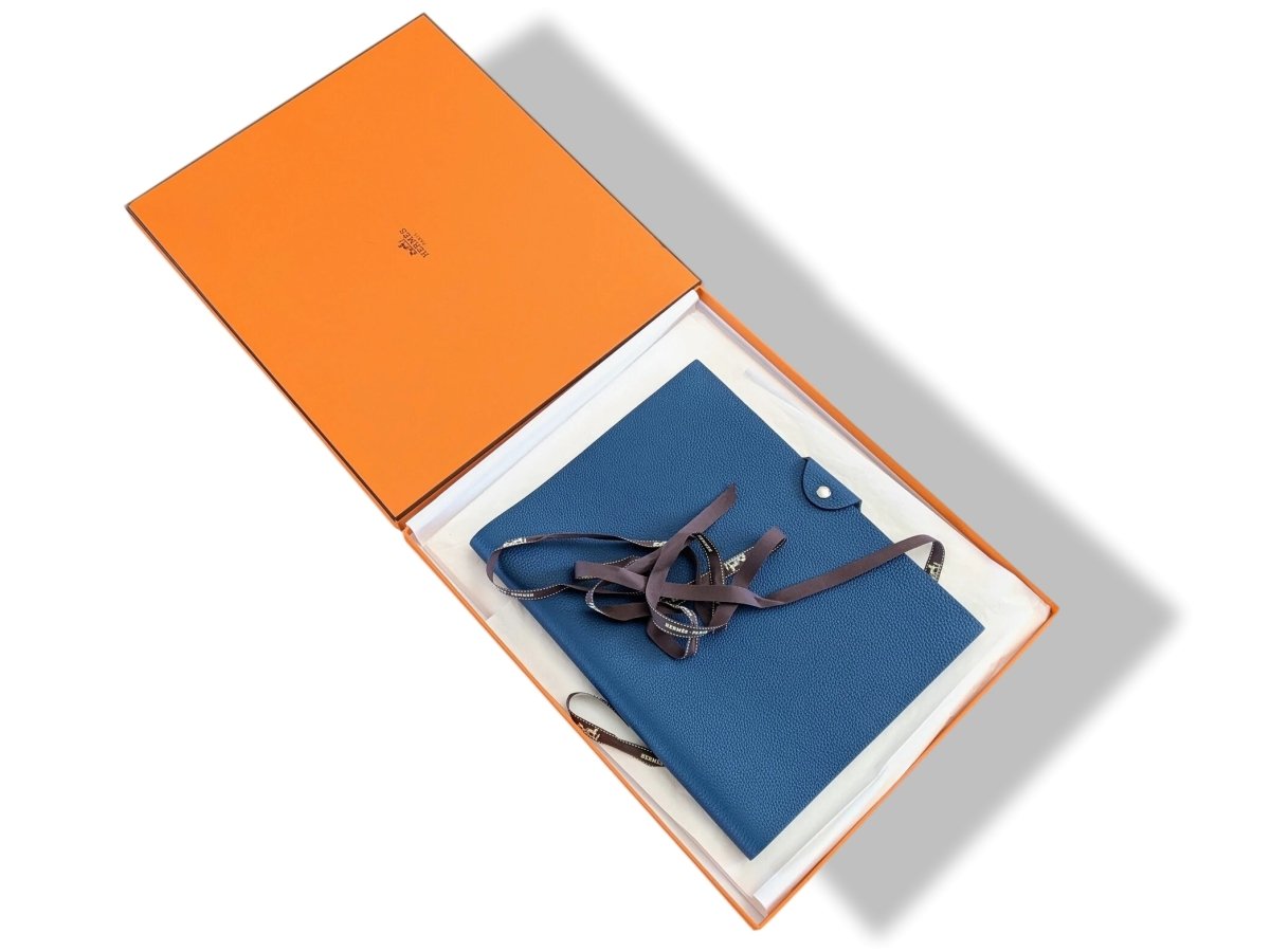 Hermes [94] Bleu de Prusse Togo Calfskin ULYSSE GM NoteBook Cover + Lined Paper Refill, Box! - poupishop