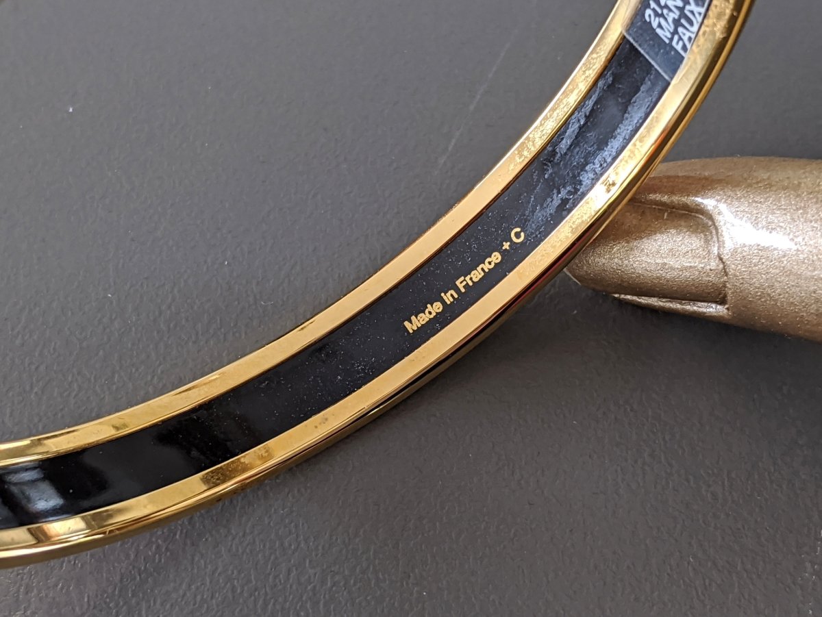 Hermes [94] Faux Gris/Gold Printed Enamel MANUFACTURE DE BOUCLERIES Bangle Bracelet Sz70, BNIB! - poupishop