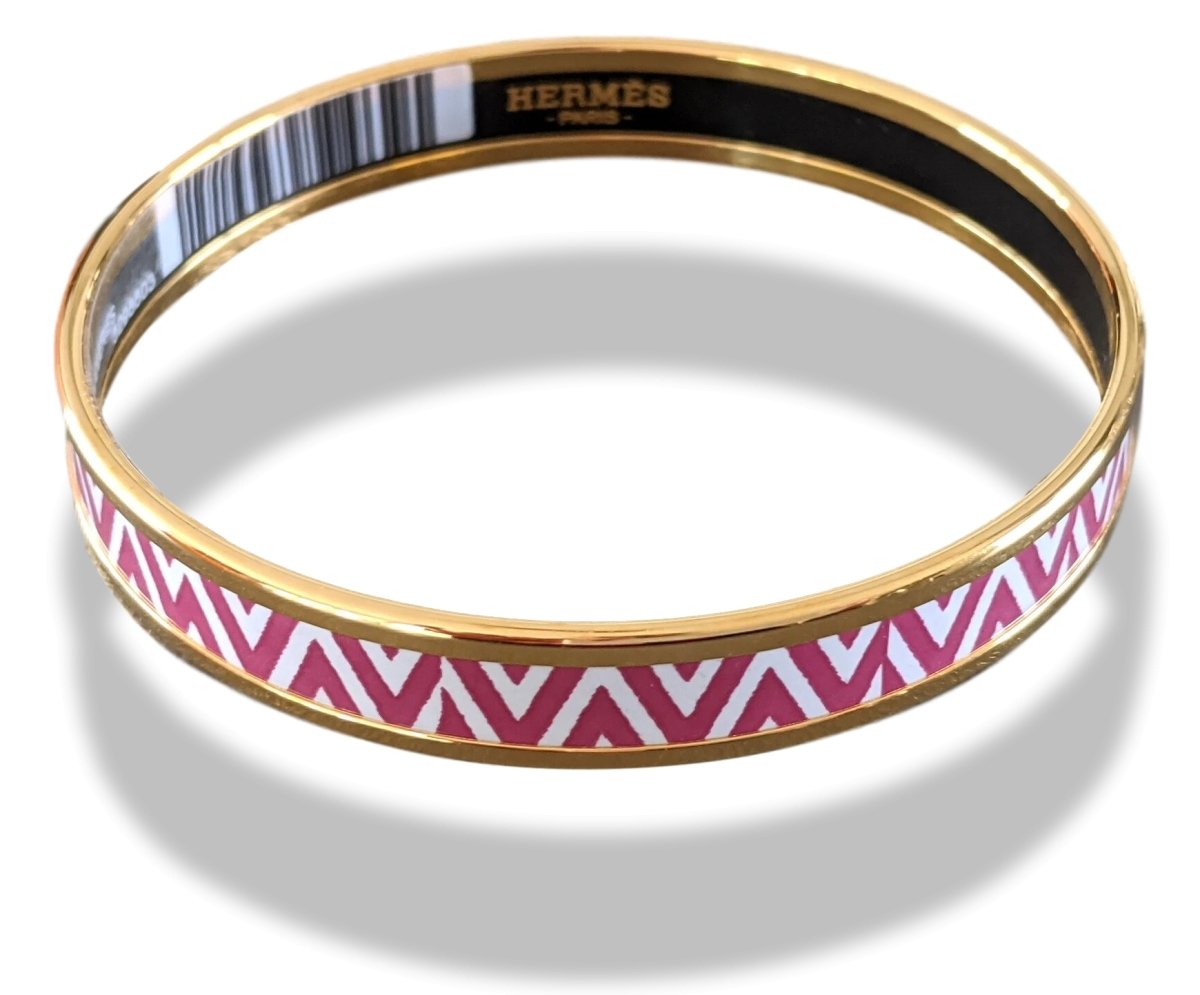 Hermes [94] Faux Gris/Gold Printed Enamel MANUFACTURE DE BOUCLERIES Bangle Bracelet Sz70, BNIB! - poupishop