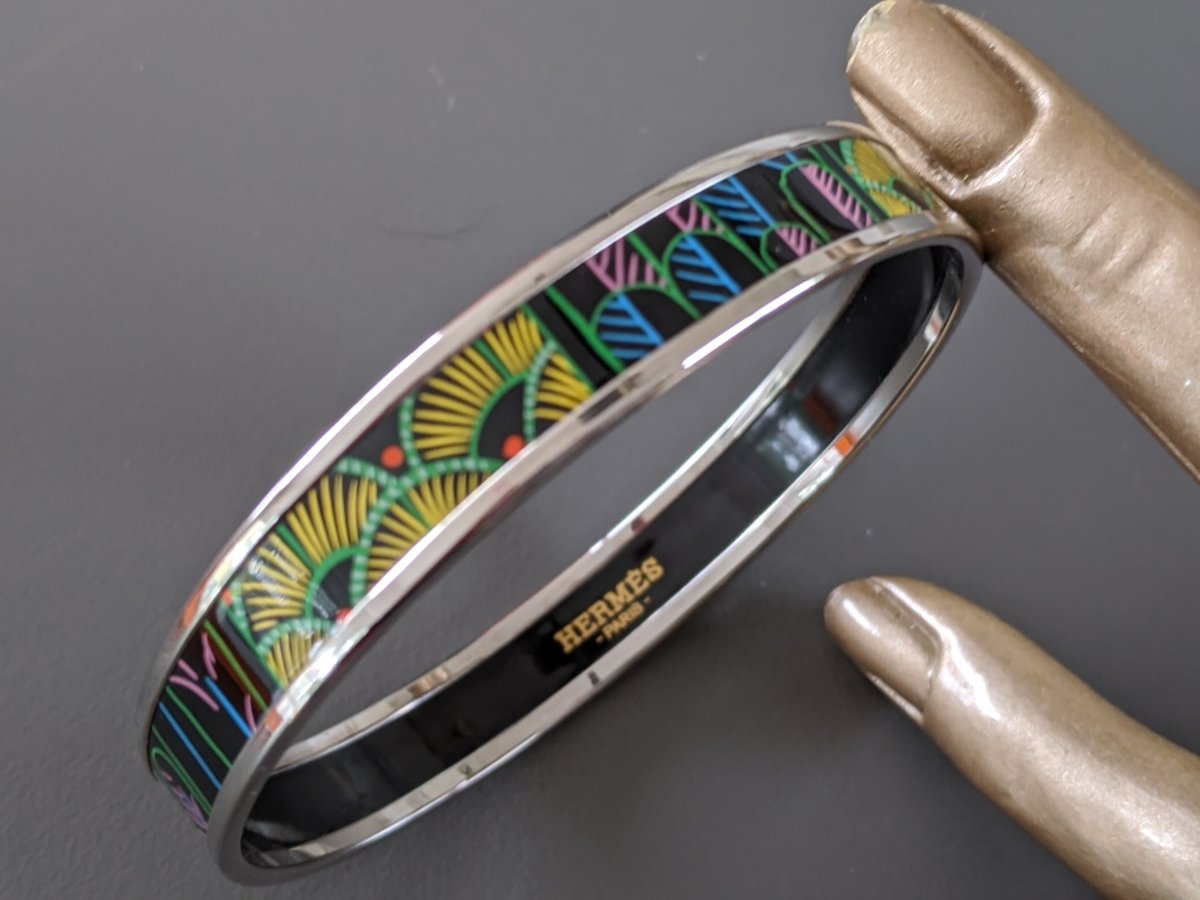 Hermes [95] Graffitis/Black/Silver Palladium Printed Enamel TREE OF SONG Bangle Bracelet Sz70, BNIB! - poupishop