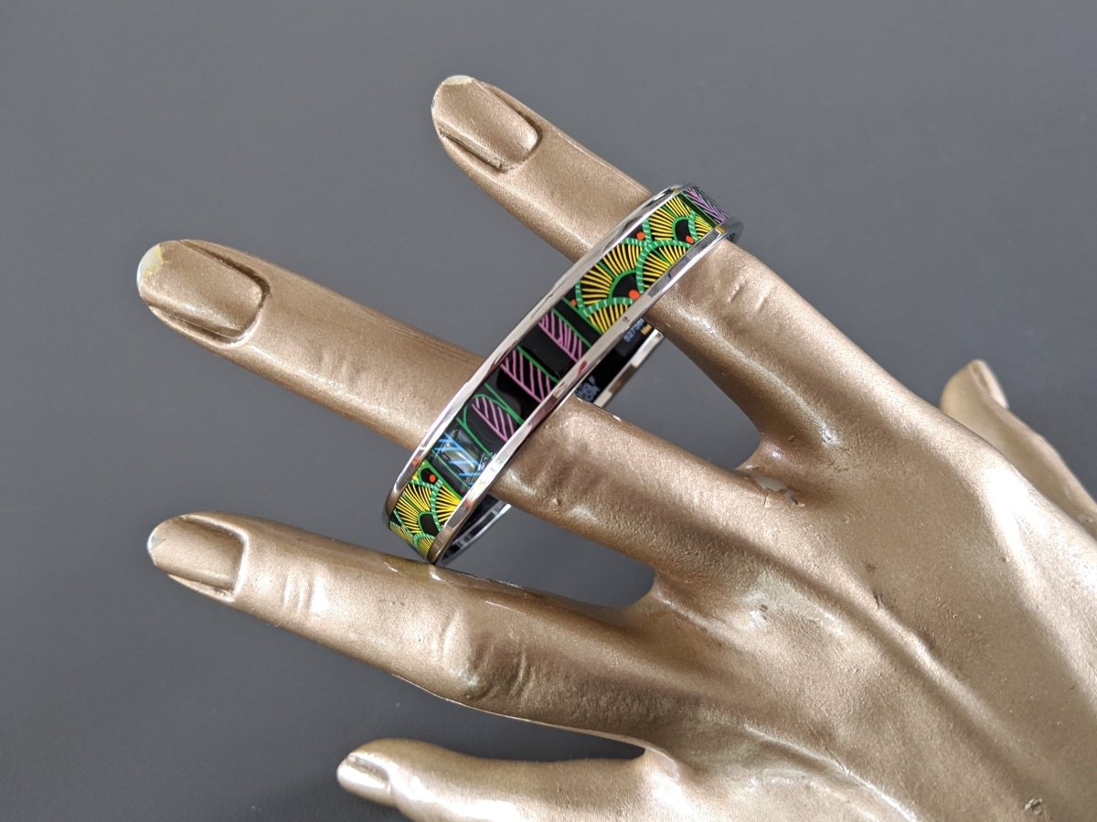 Hermes [95] Graffitis/Black/Silver Palladium Printed Enamel TREE OF SONG Bangle Bracelet Sz70, BNIB! - poupishop