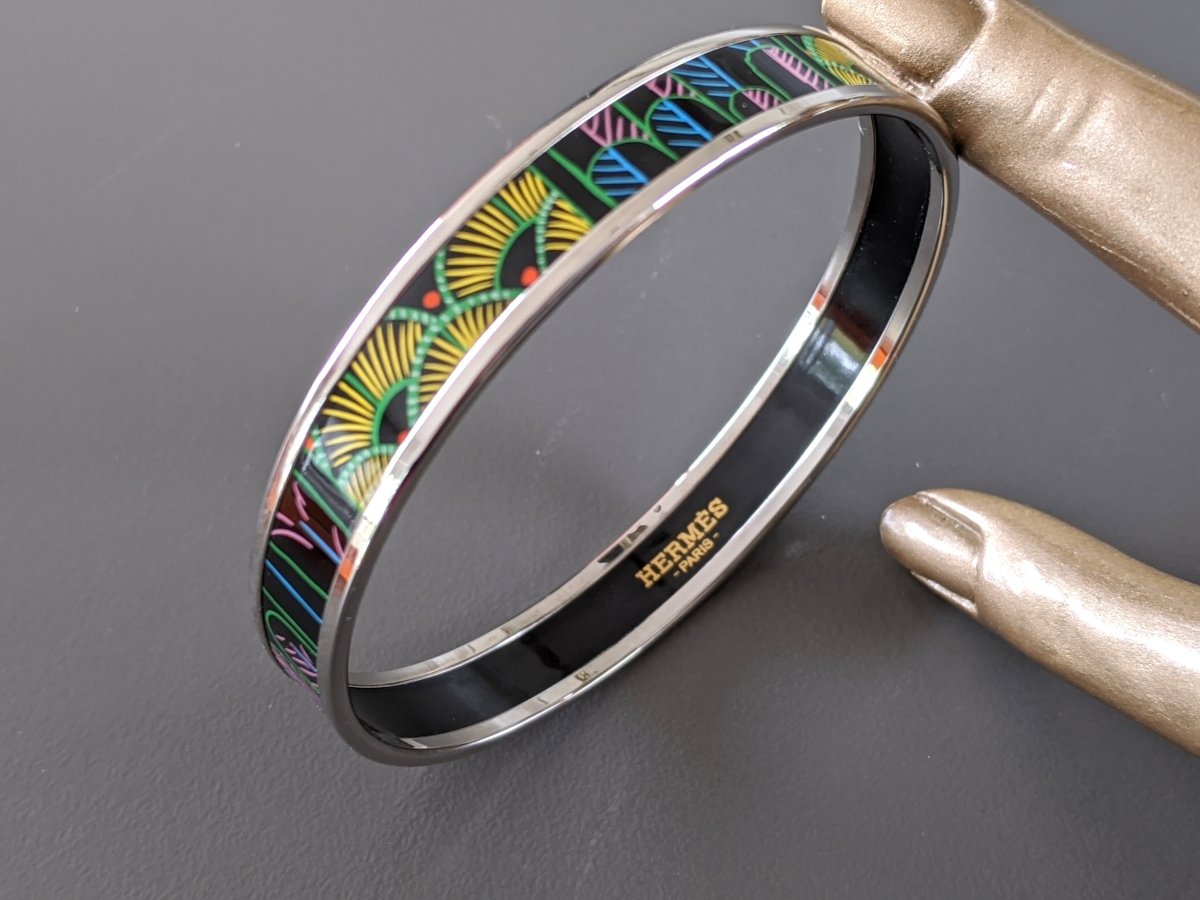 Hermes [95] Graffitis/Black/Silver Palladium Printed Enamel TREE OF SONG Bangle Bracelet Sz70, BNIB! - poupishop