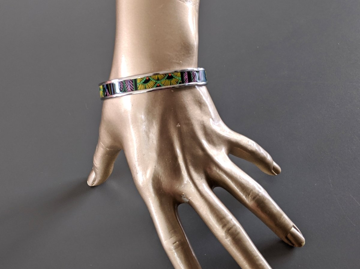 Hermes [95] Graffitis/Black/Silver Palladium Printed Enamel TREE OF SONG Bangle Bracelet Sz70, BNIB! - poupishop