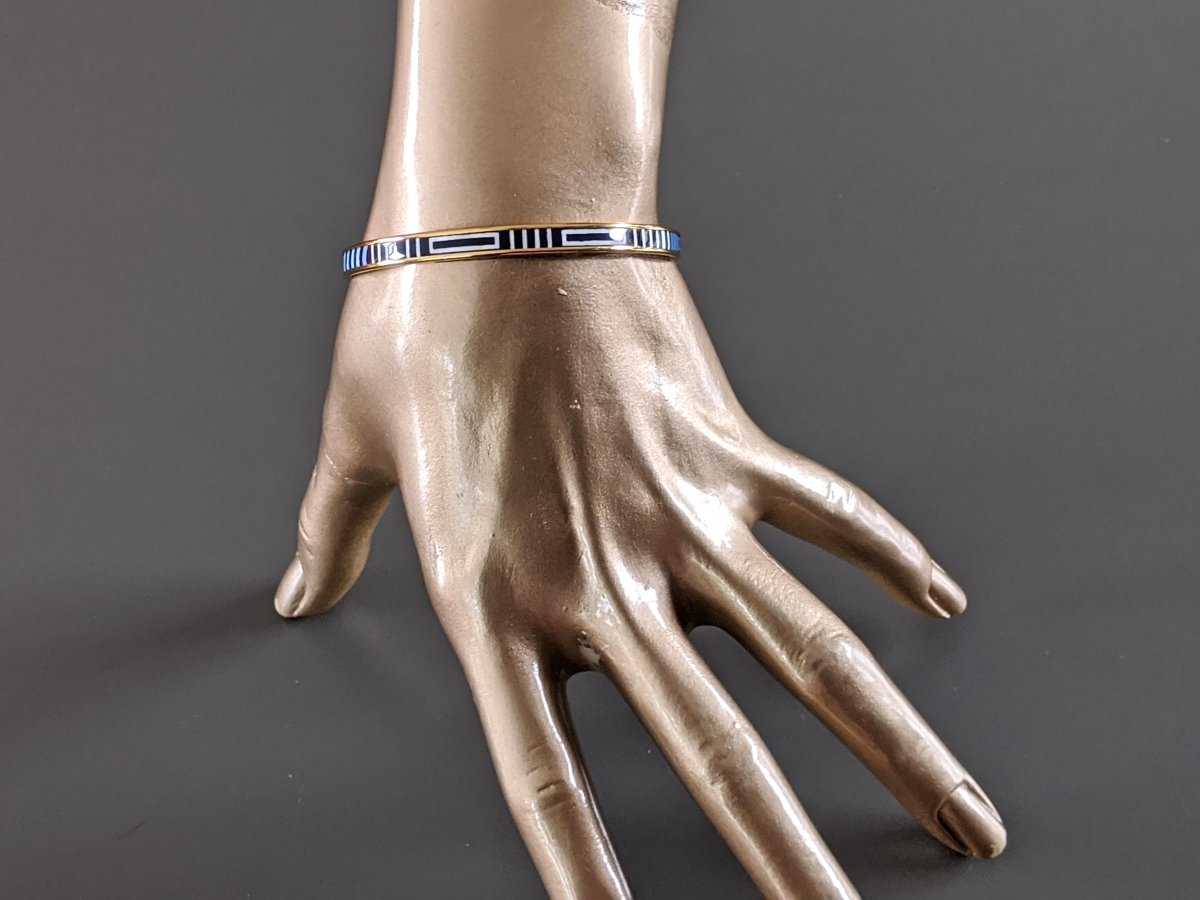 Hermes [97] Bleu Fumoir/Gold GARDE ROBE POP Thin Printed Enamel Bangle Bracelet Sz65, BNIB! - poupishop
