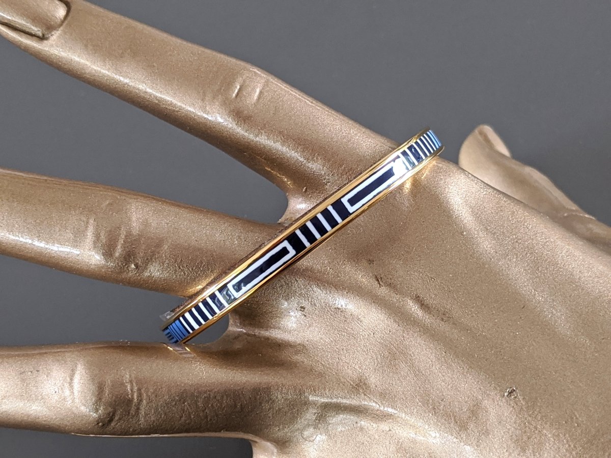 Hermes [97] Bleu Fumoir/Gold GARDE ROBE POP Thin Printed Enamel Bangle Bracelet Sz65, BNIB! - poupishop
