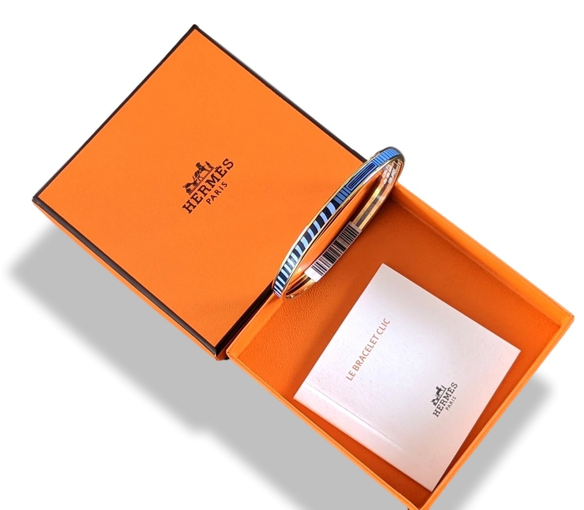 Hermes [97] Bleu Fumoir/Gold GARDE ROBE POP Thin Printed Enamel Bangle Bracelet Sz65, BNIB! - poupishop