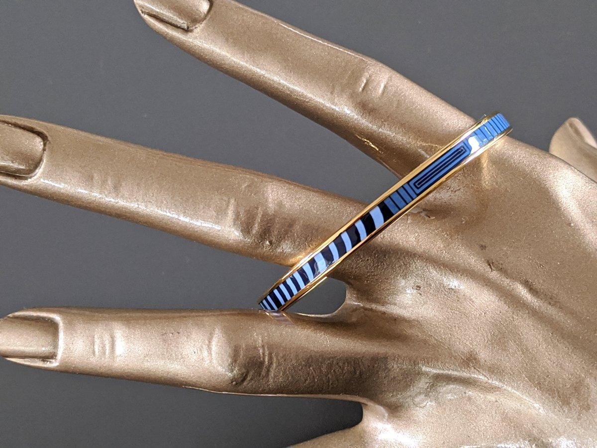 Hermes [97] Bleu Fumoir/Gold GARDE ROBE POP Thin Printed Enamel Bangle Bracelet Sz65, BNIB! - poupishop