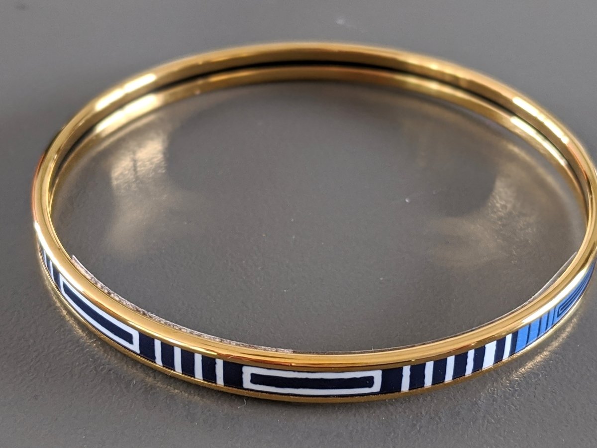 Hermes [97] Bleu Fumoir/Gold GARDE ROBE POP Thin Printed Enamel Bangle Bracelet Sz65, BNIB! - poupishop