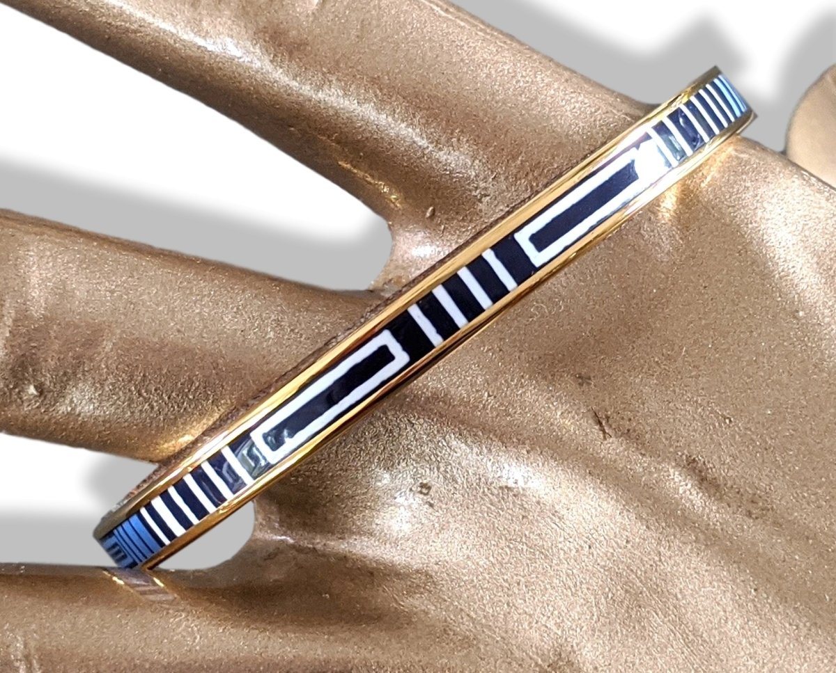 Hermes [97] Bleu Fumoir/Gold GARDE ROBE POP Thin Printed Enamel Bangle Bracelet Sz65, BNIB! - poupishop