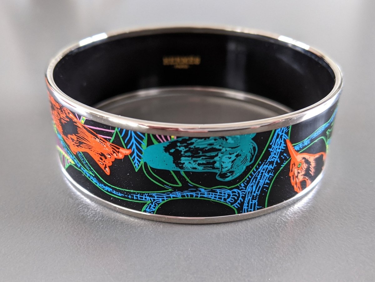 Hermes [98] Graffitis/Black/Silver Palladium Printed Enamel TREE OF SONG Wide Bangle Bracelet Sz70, BNIB! - poupishop