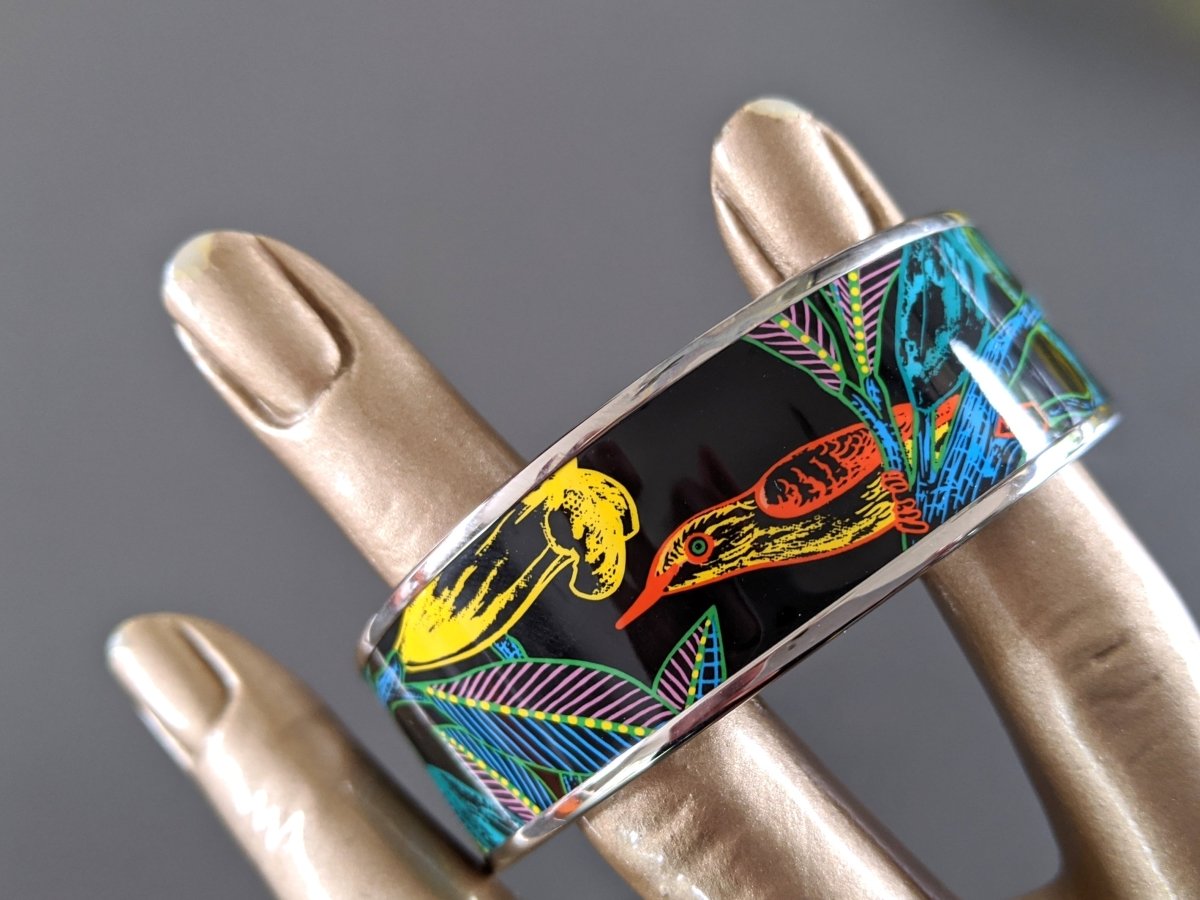 Hermes [98] Graffitis/Black/Silver Palladium Printed Enamel TREE OF SONG Wide Bangle Bracelet Sz70, BNIB! - poupishop