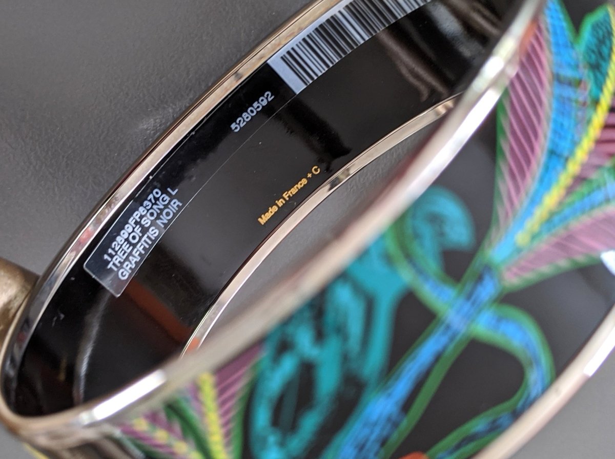 Hermes [98] Graffitis/Black/Silver Palladium Printed Enamel TREE OF SONG Wide Bangle Bracelet Sz70, BNIB! - poupishop