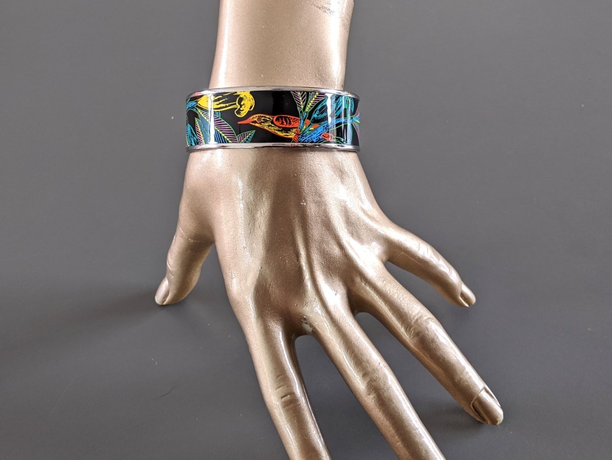 Hermes [98] Graffitis/Black/Silver Palladium Printed Enamel TREE OF SONG Wide Bangle Bracelet Sz70, BNIB! - poupishop