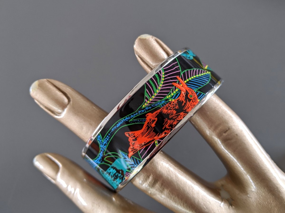 Hermes [98] Graffitis/Black/Silver Palladium Printed Enamel TREE OF SONG Wide Bangle Bracelet Sz70, BNIB! - poupishop