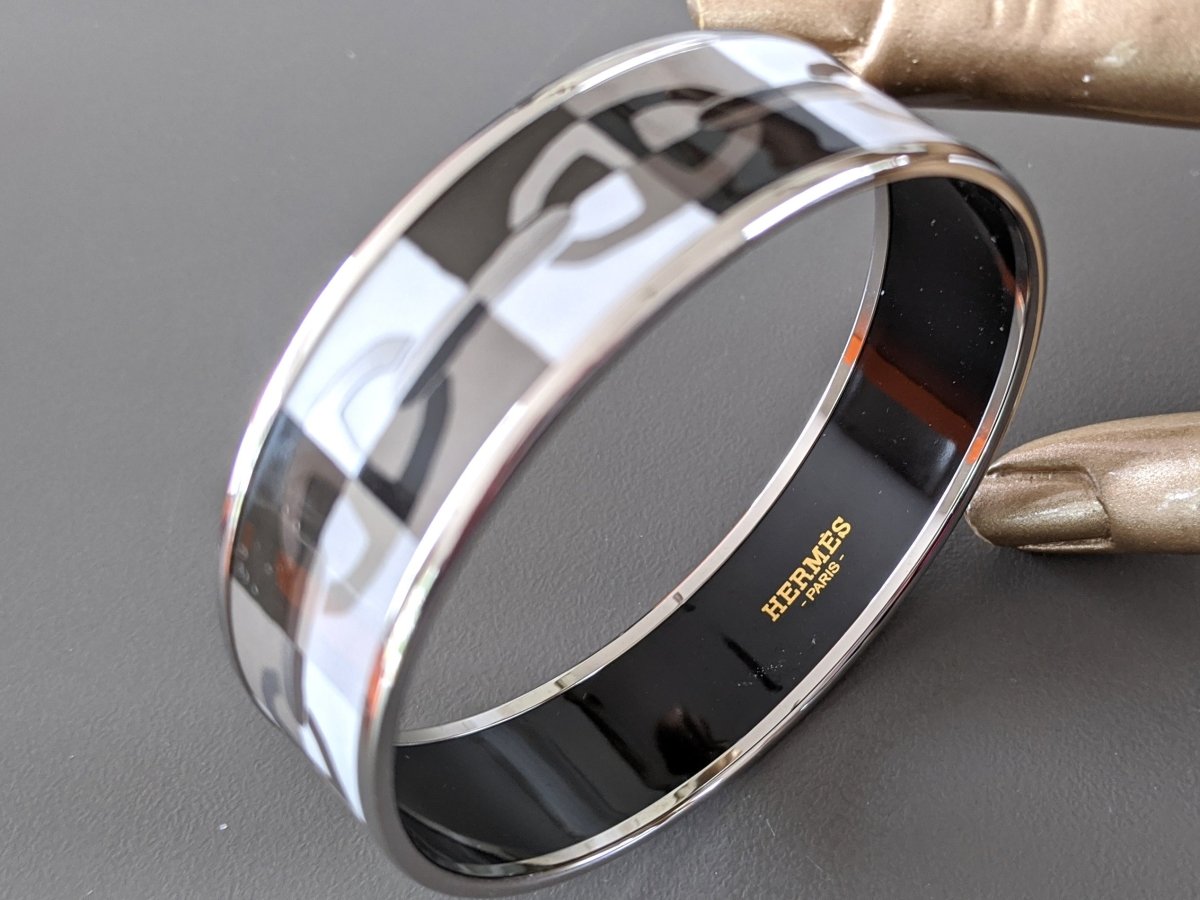 Hermes [99] Black/Grey/White/Silver Palladium Printed Enamel OPTIQUE CHAINE D'ANCRE Wide Bangle Bracelet Sz65, BNIB! - poupishop