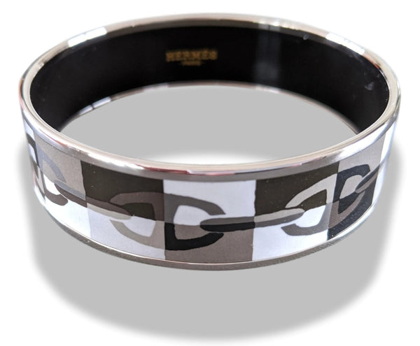 Hermes [99] Black/Grey/White/Silver Palladium Printed Enamel OPTIQUE CHAINE D'ANCRE Wide Bangle Bracelet Sz65, BNIB! - poupishop