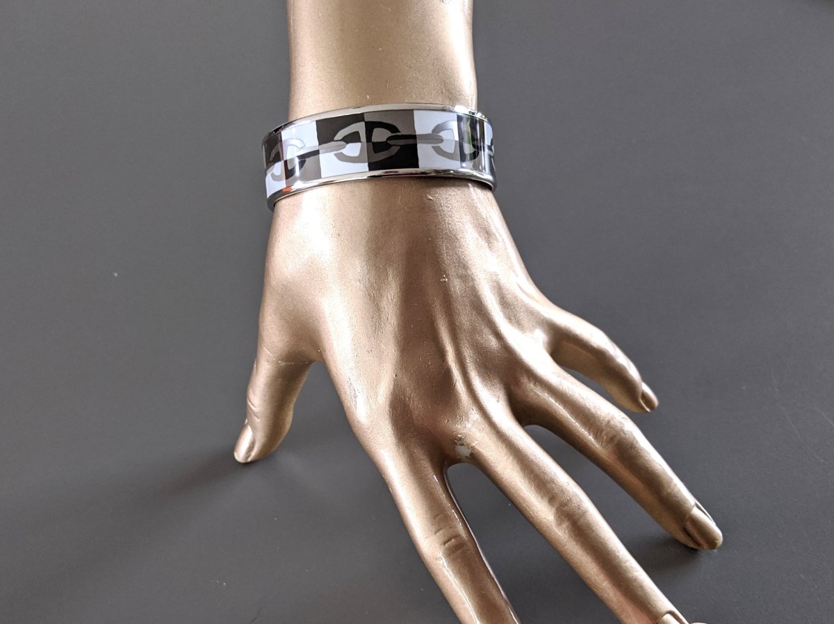 Hermes [99] Black/Grey/White/Silver Palladium Printed Enamel OPTIQUE CHAINE D'ANCRE Wide Bangle Bracelet Sz65, BNIB! - poupishop