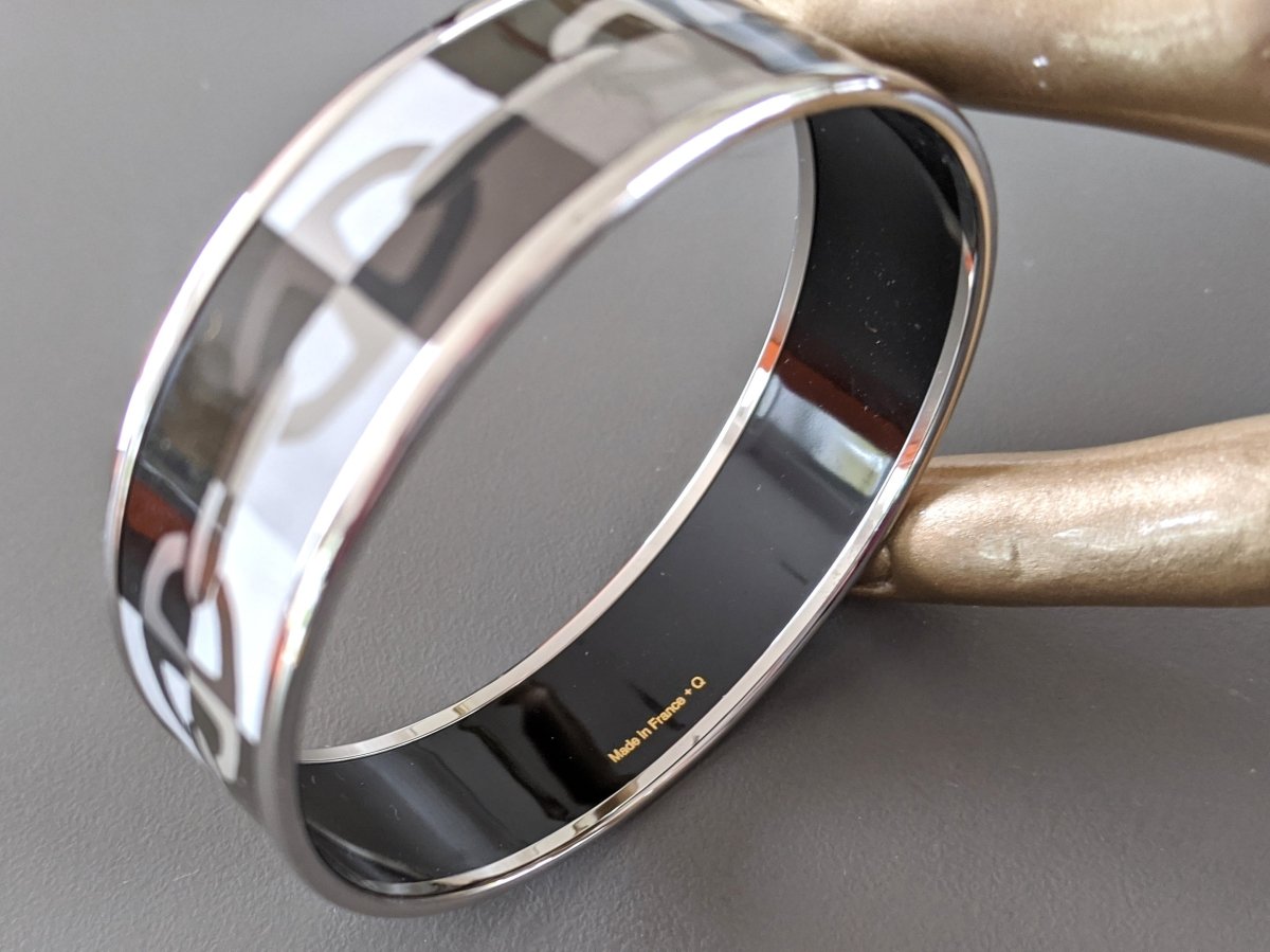 Hermes [99] Black/Grey/White/Silver Palladium Printed Enamel OPTIQUE CHAINE D'ANCRE Wide Bangle Bracelet Sz65, BNIB! - poupishop