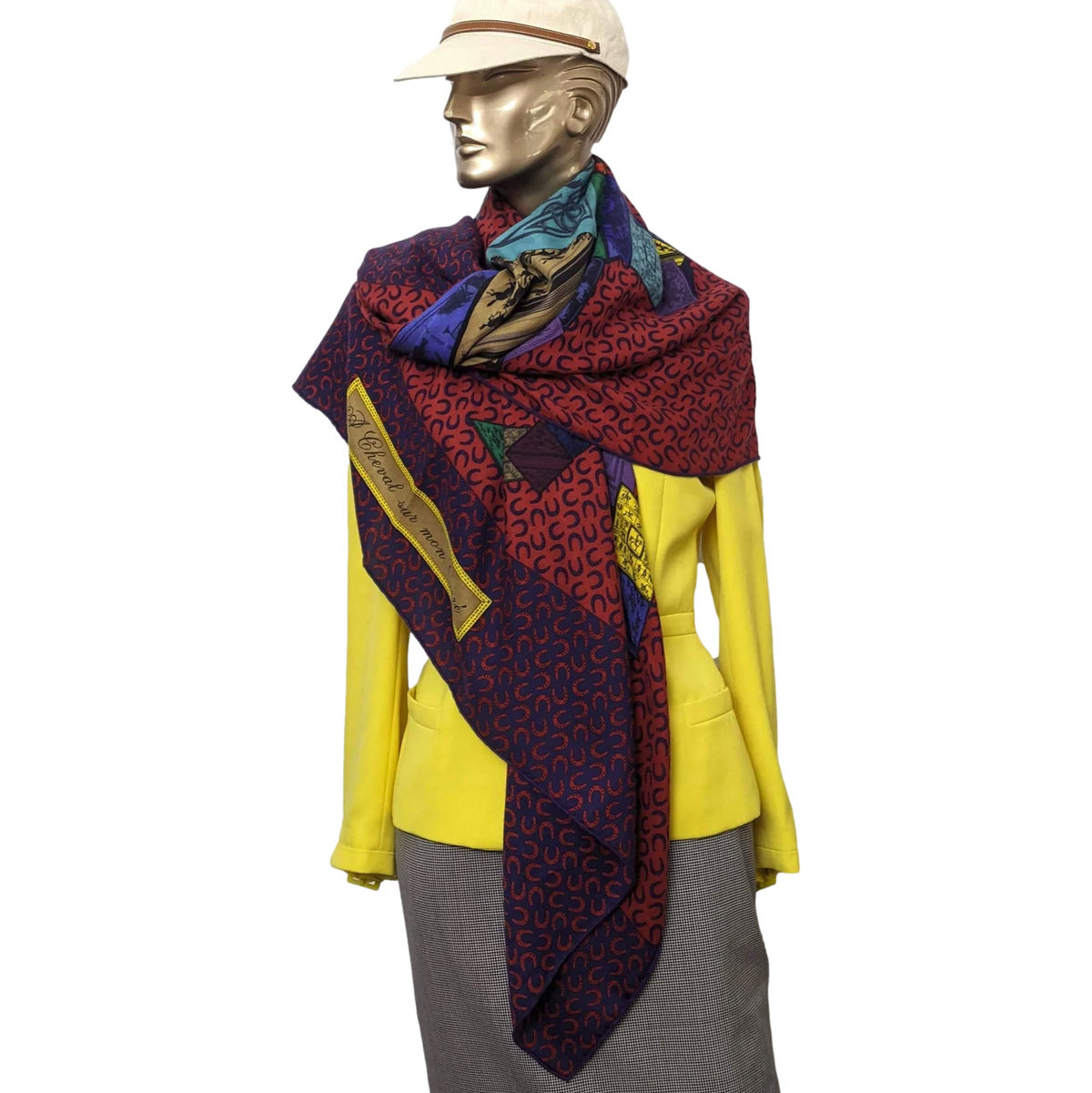 Hermes Red/Green/Blue "A Cheval sur mon Carre" by Bali Barret Cashmere Shawl 140