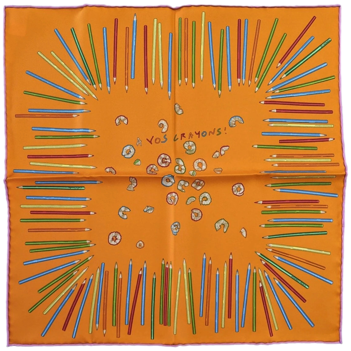 Hermes Orange/Vert/Mauve A VOS CRAYONS Twill Gavroche Pocket Scarf 45 cm