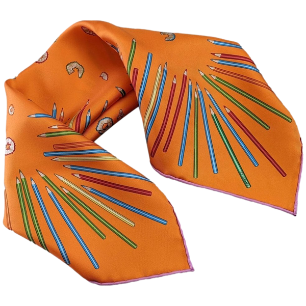 Hermes Orange/Vert/Mauve A VOS CRAYONS Twill Gavroche Pocket Scarf 45 cm