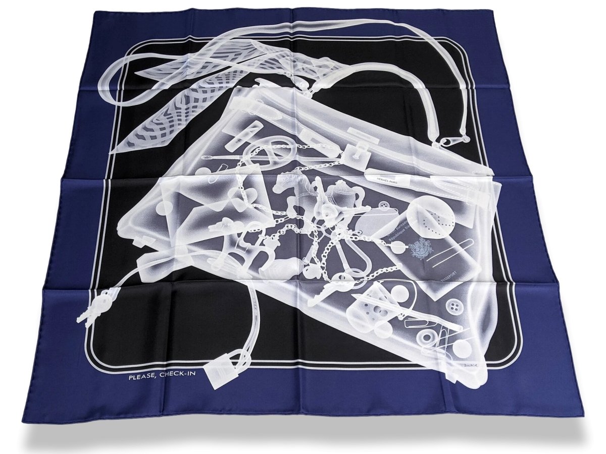 Hermes [AC11] Marine/Noir/Blanc PLEASE CHECK IN by Dimitri Rybaltchenko Twill Carre 90cm cm, BNWTIB! - poupishop