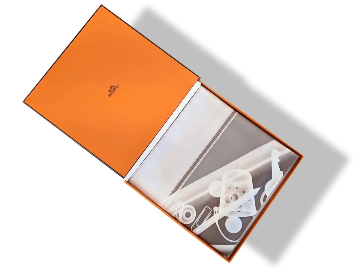Hermes [AC2] Pearl Grey/Etoupe/White PLEASE CHECK-IN by Dimitri Rybaltchenko Twill Carre 90cm cm, BNWTIB! - poupishop