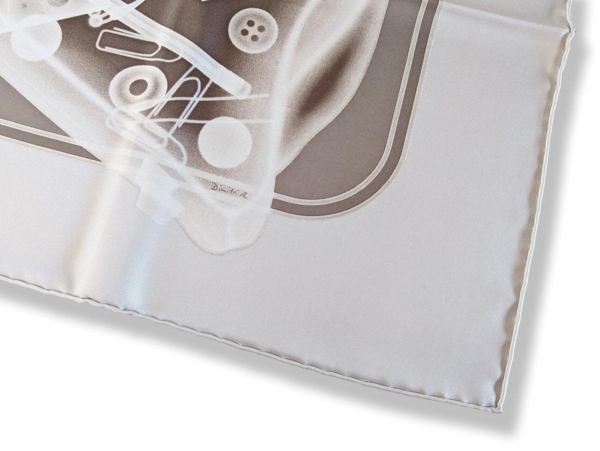 Hermes [AC2WT] Pearl Grey/Etoupe/White PLEASE CHECK-IN by Dimitri Rybaltchenko Twill Carre 90cm cm, BNIB! - poupishop