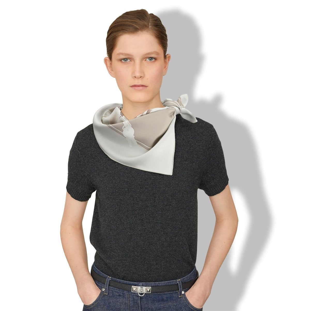 Hermes [AC2WT] Pearl Grey/Etoupe/White PLEASE CHECK-IN by Dimitri Rybaltchenko Twill Carre 90cm cm, BNIB! - poupishop