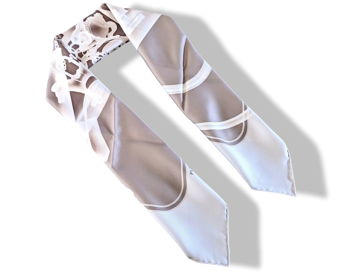 Hermes [AC2WT] Pearl Grey/Etoupe/White PLEASE CHECK-IN by Dimitri Rybaltchenko Twill Carre 90cm cm, BNIB! - poupishop