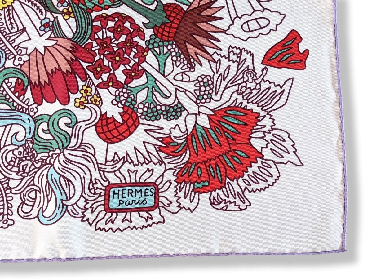 Hermes [AC3] 2018 White/Red/Green CACHE-CACHE FLEURI by Pierre Marie Twill Carre 90cm cm, BNWTIB! - poupishop