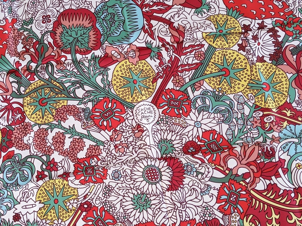 Hermes [AC3] 2018 White/Red/Green CACHE-CACHE FLEURI by Pierre Marie Twill Carre 90cm cm, BNWTIB! - poupishop