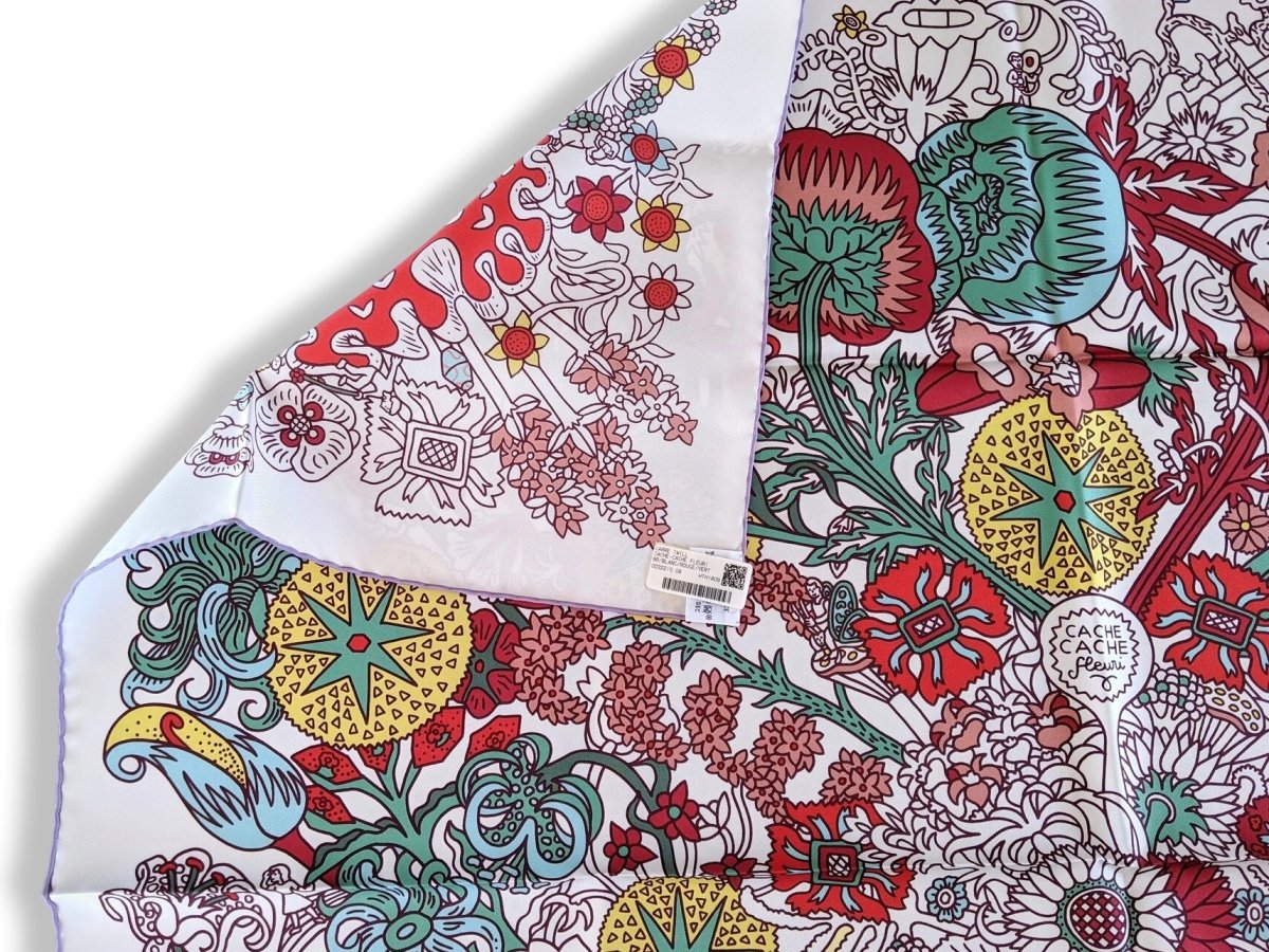 Hermes [AC3] 2018 White/Red/Green CACHE-CACHE FLEURI by Pierre Marie Twill Carre 90cm cm, BNWTIB! - poupishop