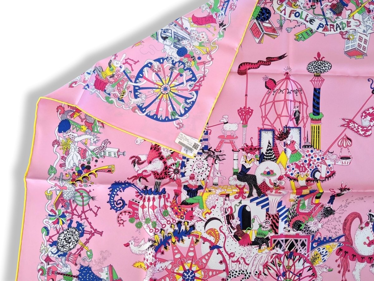 Hermes [AC5] Pink/White/Multi LA FOLLE PARADE by Claire Fanjul Twill Carre 90cm cm, BNWTIB! - poupishop