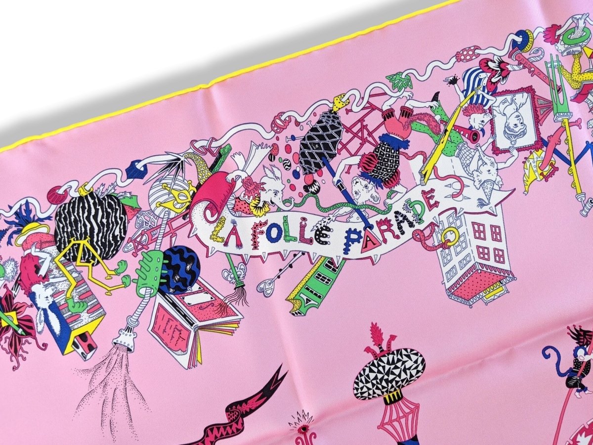 Hermes [AC5] Pink/White/Multi LA FOLLE PARADE by Claire Fanjul Twill Carre 90cm cm, BNWTIB! - poupishop