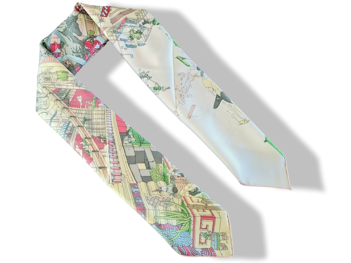 Hermes [AC7] Green/White/Pink LA LEGENDE DU CHEVAL A PLUMES by Ugo Gattoni Twill Carre 90cm cm, NWT! - poupishop